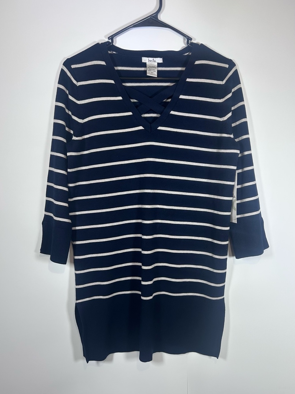 Isela Size S Navy Ivory Striped Crisscross V Neck Tunic Sweater